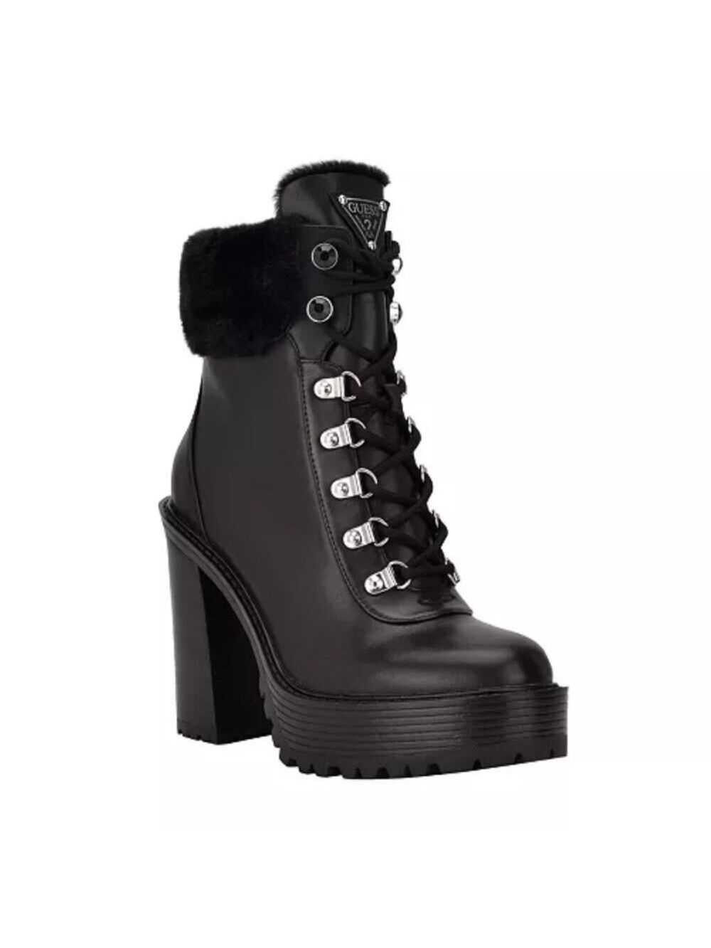 NIB Guess Kelyne Black Chunky Heeled Boots with Fur Trim - Size 8.5